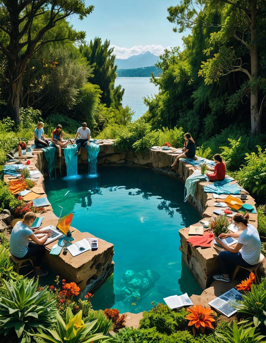 A dynamic collage of contemporary artists creating eco-friendly art installations outdoors, surrounded by lush nature and elements representing climate change like melting icebergs and polluted waters. Showcase vibrant colors that reflect both the urgency and beauty of nature, with diverse artists of different backgrounds engaged in their crafts. Include materials like recycled objects and natural resources in their artwork. surrealistic. vibrant colors. outdoor scene.