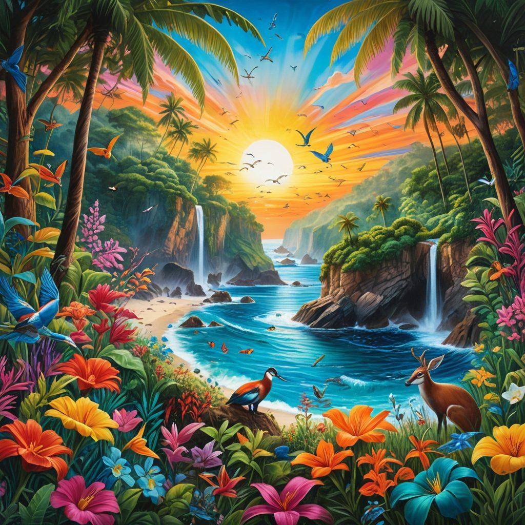 A stunning blend of a vibrant art canvas depicting nature scenes—lush forests, wildlife, and ocean life—transformed into a lush environment showcasing the impact of conservation efforts. In the foreground, a group of diverse artists paint murals on walls that bring awareness to environmental issues. The background shows a thriving ecosystem, complete with colorful flora and fauna. Emphasize the connection between creativity and nature, embodying hope and activism. vibrant colors. super-realistic.