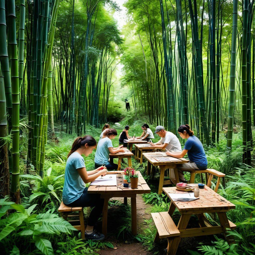 A captivating scene depicting diverse artists creating eco-friendly artworks from recycled materials in a lush, green environment. Vibrant splashes of color from paint and natural pigments harmoniously blend with elements of nature, such as trees, flowers, and wildlife, symbolizing the relationship between art and environmental health. Showcase tools like paintbrushes made from bamboo and sculptures made of reclaimed wood. The atmosphere should evoke creativity and sustainability, with beams of sunlight filtering through leaves. super-realistic. vibrant colors. nature-inspired.